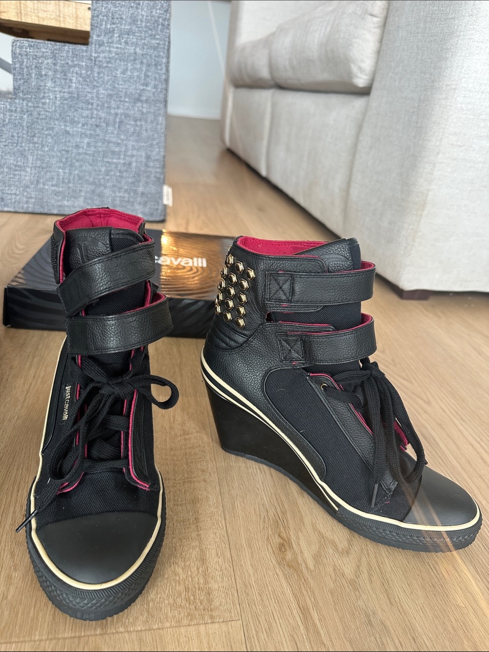 Just Cavalli Black Wedge High-Top Sneakers with Gold Studs and Pink Lining - Picture 6 of 6